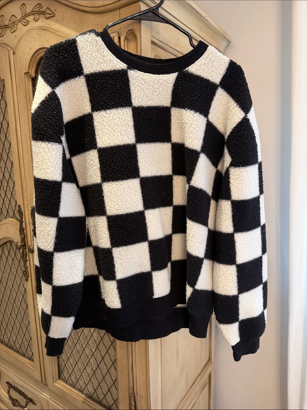 OAK + FORT Black and White Checkered Sherpa Crewneck Sweater